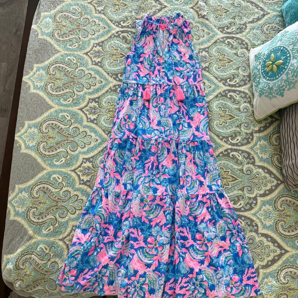 XXS Lilly Pulitzer Malone Maxi Dress hot pink Blue Tang Sitting Seaside
